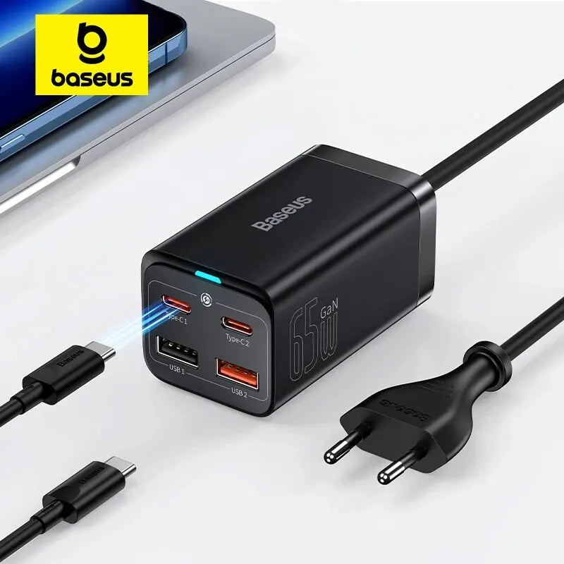 Baseus 65W GaN Fast Desktop Charger: 4-in-1 Multi-Port Adapter for Laptop & Phone – Dual USB-A + Dual USB-C | For iPhone, Xiaomi, Samsung