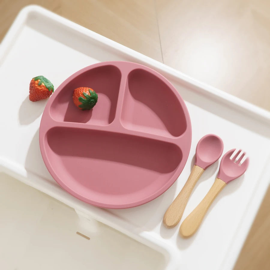 3PCS Silicone Baby Feeding Set; Suction Plate + Wooden Handle Spoon & Fork | BPA-Free Training Tableware