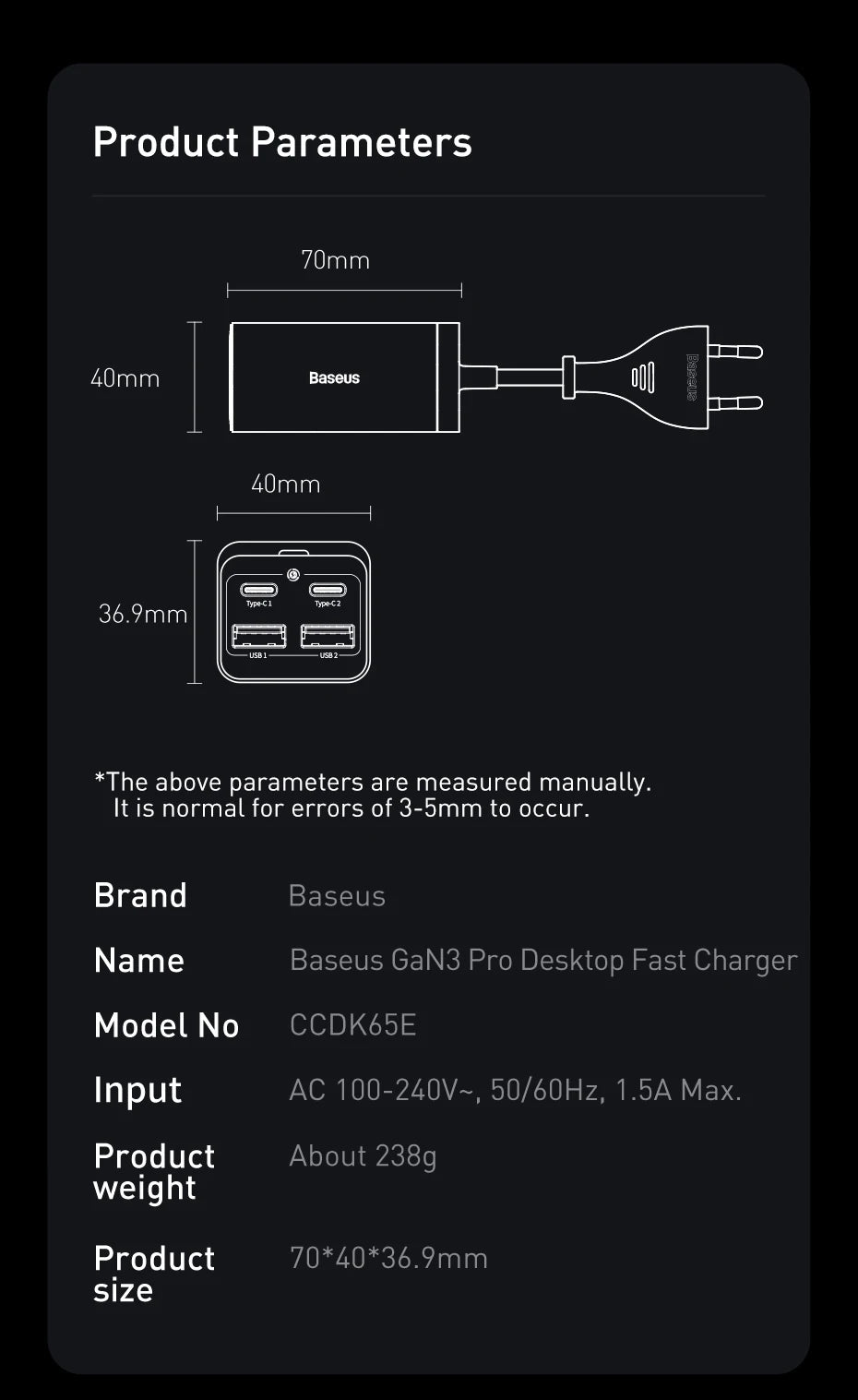 Baseus 65W GaN Fast Desktop Charger: 4-in-1 Multi-Port Adapter for Laptop & Phone – Dual USB-A + Dual USB-C | For iPhone, Xiaomi, Samsung