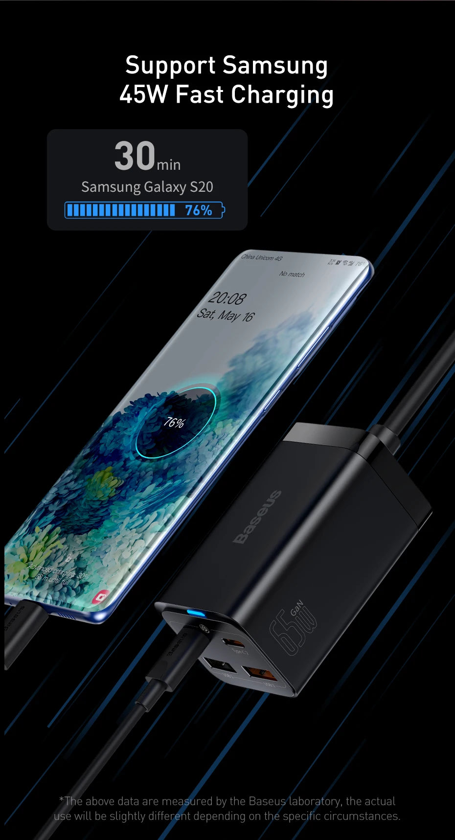 Baseus 65W GaN Fast Desktop Charger: 4-in-1 Multi-Port Adapter for Laptop & Phone – Dual USB-A + Dual USB-C | For iPhone, Xiaomi, Samsung