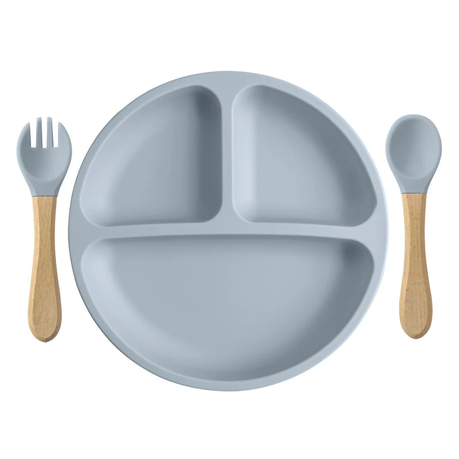 3PCS Silicone Baby Feeding Set; Suction Plate + Wooden Handle Spoon & Fork | BPA-Free Training Tableware