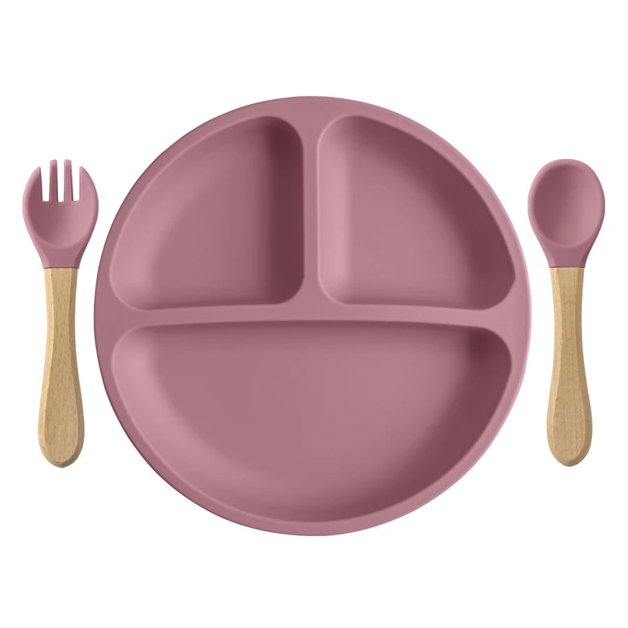 3PCS Silicone Baby Feeding Set; Suction Plate + Wooden Handle Spoon & Fork | BPA-Free Training Tableware