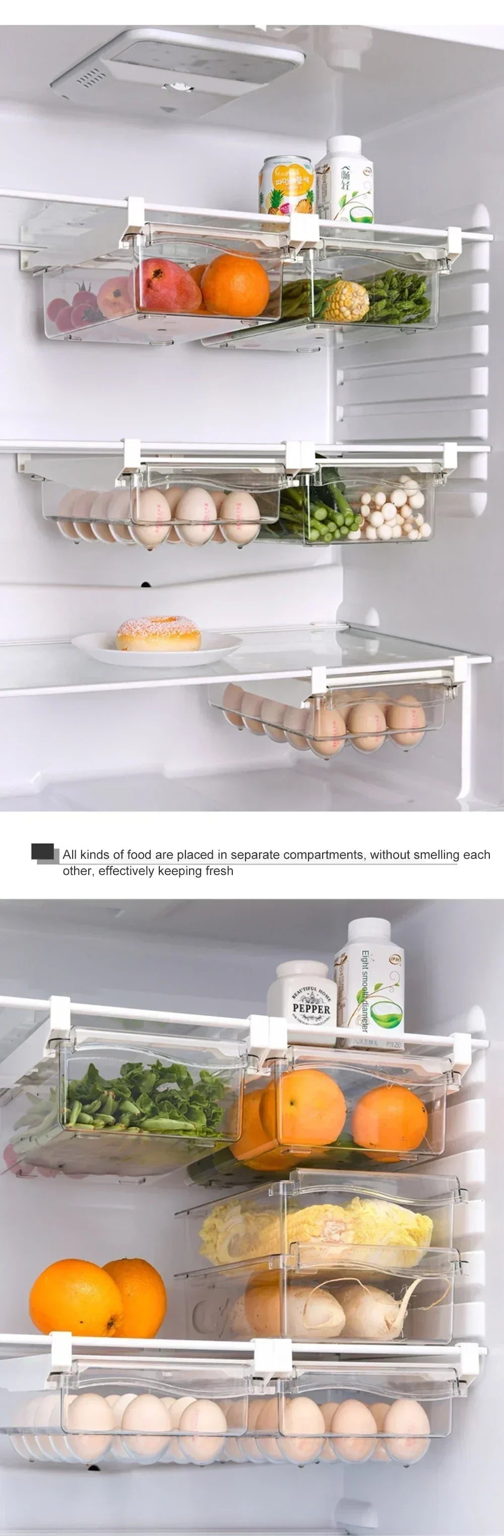 Transparent Fridge Organizer Fruit Egg Refrigerator Storage Box Under-shelf Refrigerator Drawer Box Fresh-keep Kitchen Organizer