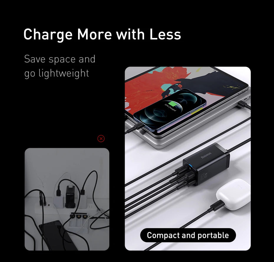 Baseus 65W GaN Fast Desktop Charger: 4-in-1 Multi-Port Adapter for Laptop & Phone – Dual USB-A + Dual USB-C | For iPhone, Xiaomi, Samsung