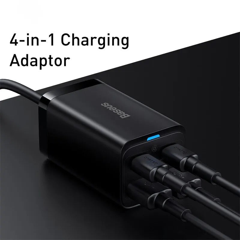 Baseus 65W GaN Fast Desktop Charger: 4-in-1 Multi-Port Adapter for Laptop & Phone – Dual USB-A + Dual USB-C | For iPhone, Xiaomi, Samsung