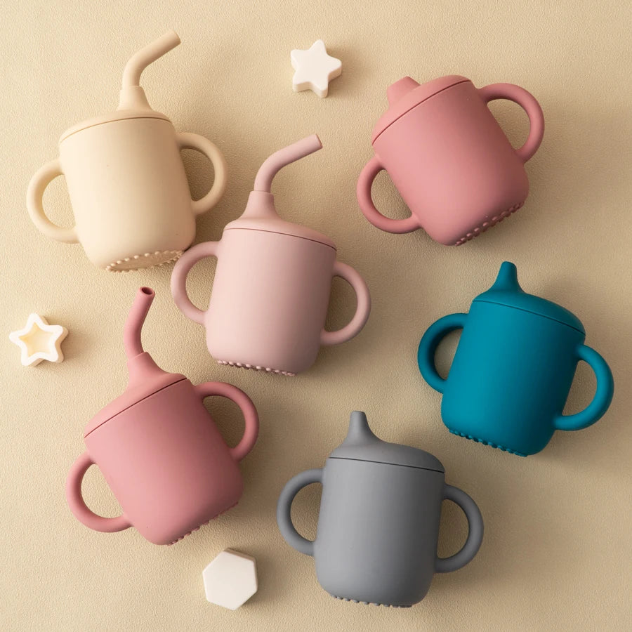 Silicone Baby Straw Cup with Two Lids – BPA-Free 150ml Feeding Cup | Toddler Snack & Drink Cup with Handles