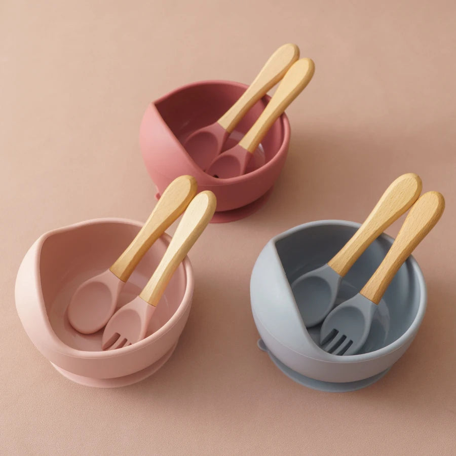 3Pcs Silicone Baby Feeding Bowl Set – Suction Bowl with Wood Handle Spoon & Fork | BPA-Free Baby Tableware