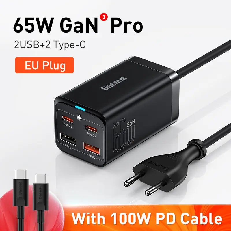 Baseus 65W GaN Fast Desktop Charger: 4-in-1 Multi-Port Adapter for Laptop & Phone – Dual USB-A + Dual USB-C | For iPhone, Xiaomi, Samsung