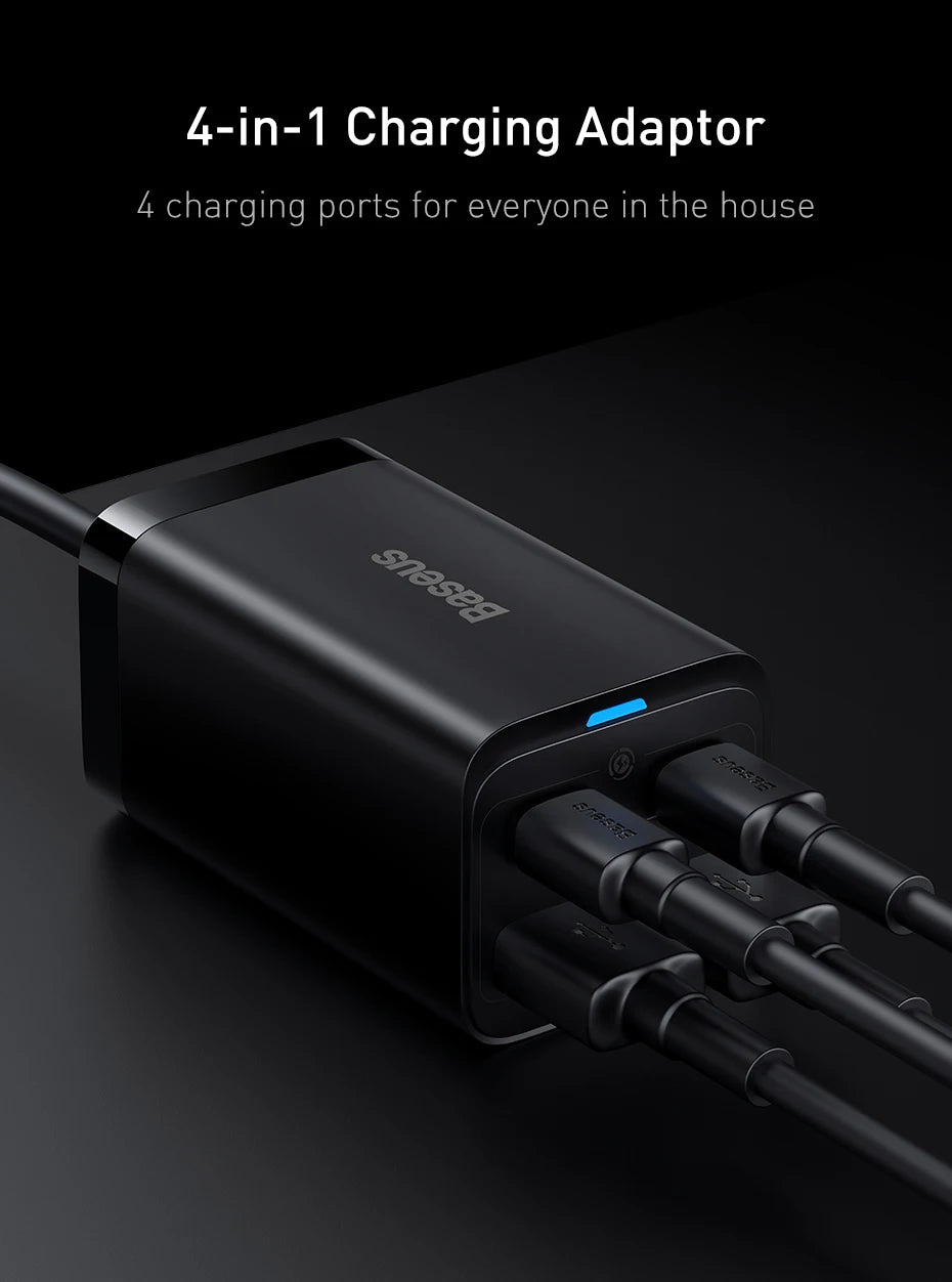 Baseus 65W GaN Fast Desktop Charger: 4-in-1 Multi-Port Adapter for Laptop & Phone – Dual USB-A + Dual USB-C | For iPhone, Xiaomi, Samsung