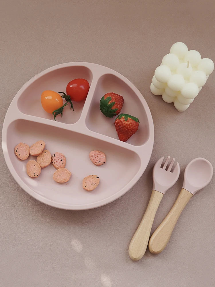 3PCS Silicone Baby Feeding Set; Suction Plate + Wooden Handle Spoon & Fork | BPA-Free Training Tableware