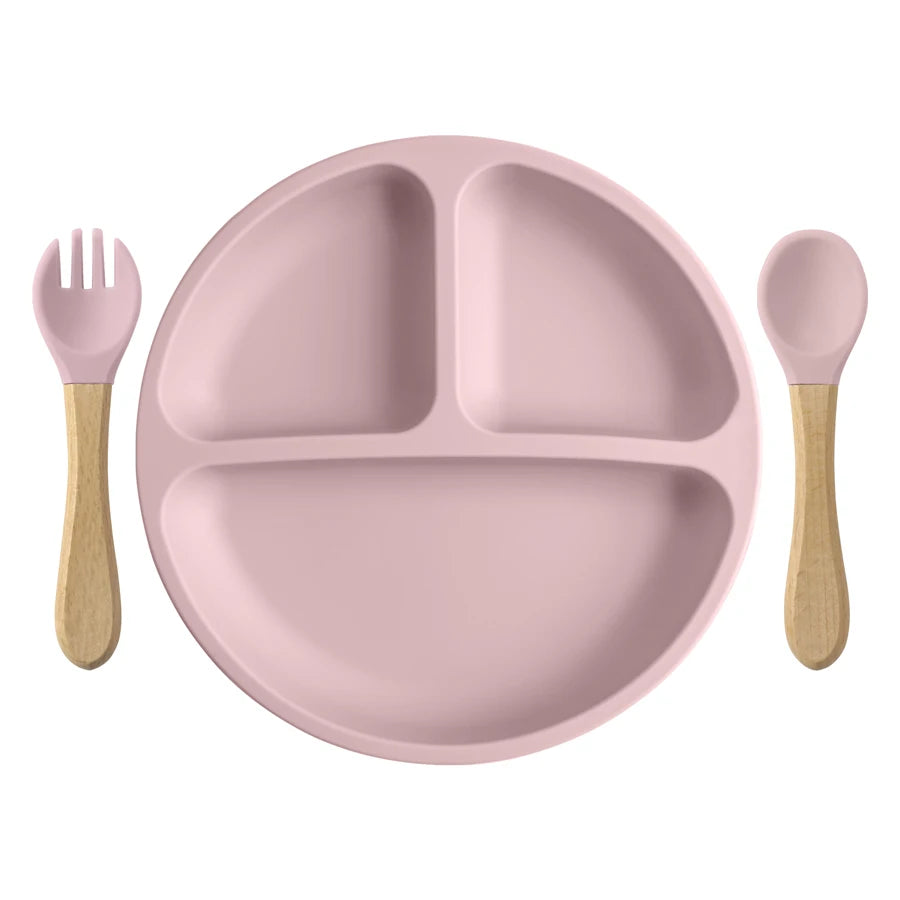 3PCS Silicone Baby Feeding Set; Suction Plate + Wooden Handle Spoon & Fork | BPA-Free Training Tableware