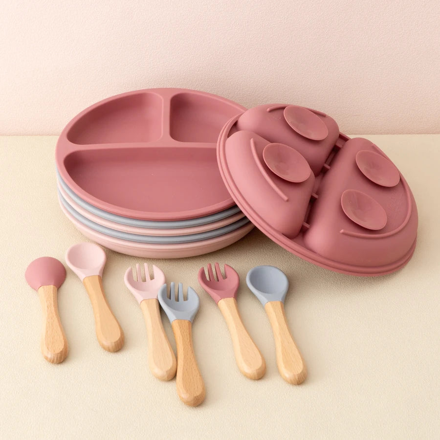 3PCS Silicone Baby Feeding Set; Suction Plate + Wooden Handle Spoon & Fork | BPA-Free Training Tableware