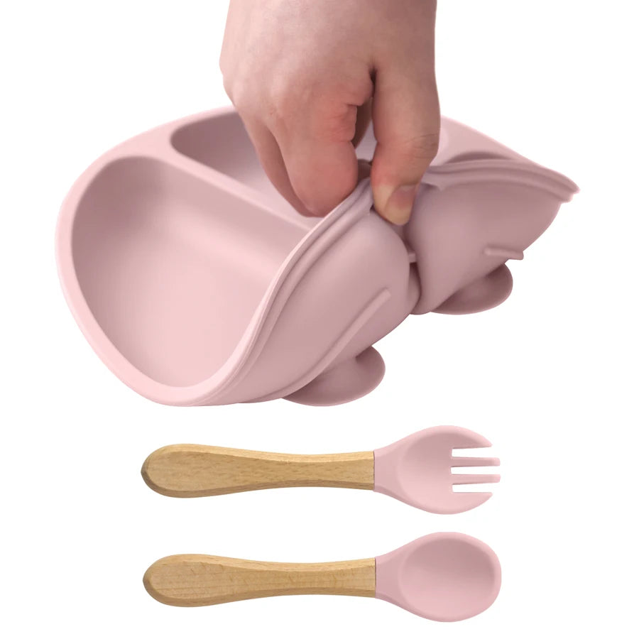 3PCS Silicone Baby Feeding Set; Suction Plate + Wooden Handle Spoon & Fork | BPA-Free Training Tableware