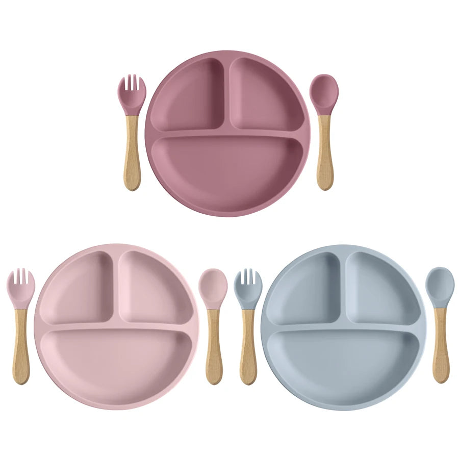 3PCS Silicone Baby Feeding Set; Suction Plate + Wooden Handle Spoon & Fork | BPA-Free Training Tableware