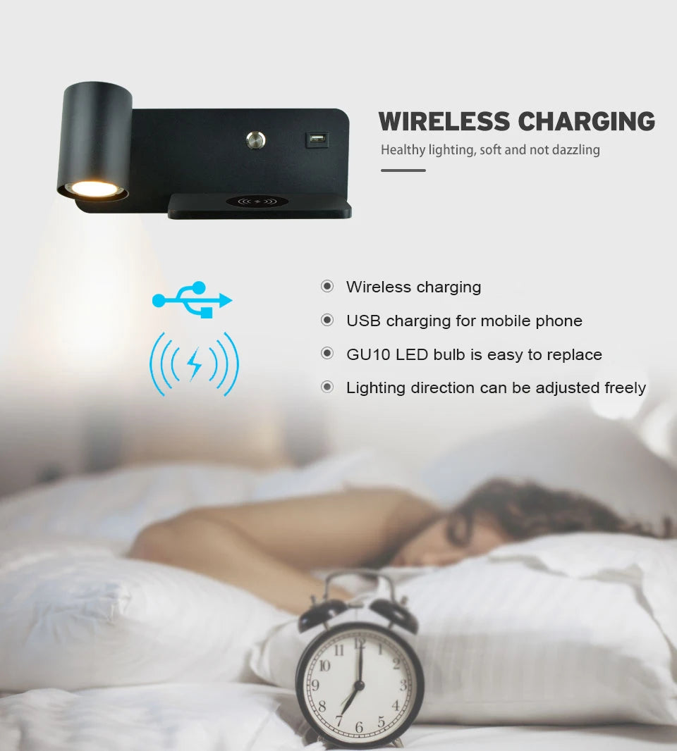 LED Wall light Interior Reading Wall lamp Mobile Phone Wireless Charging and USB Charging Wall lights Bedroom Bedside lamps