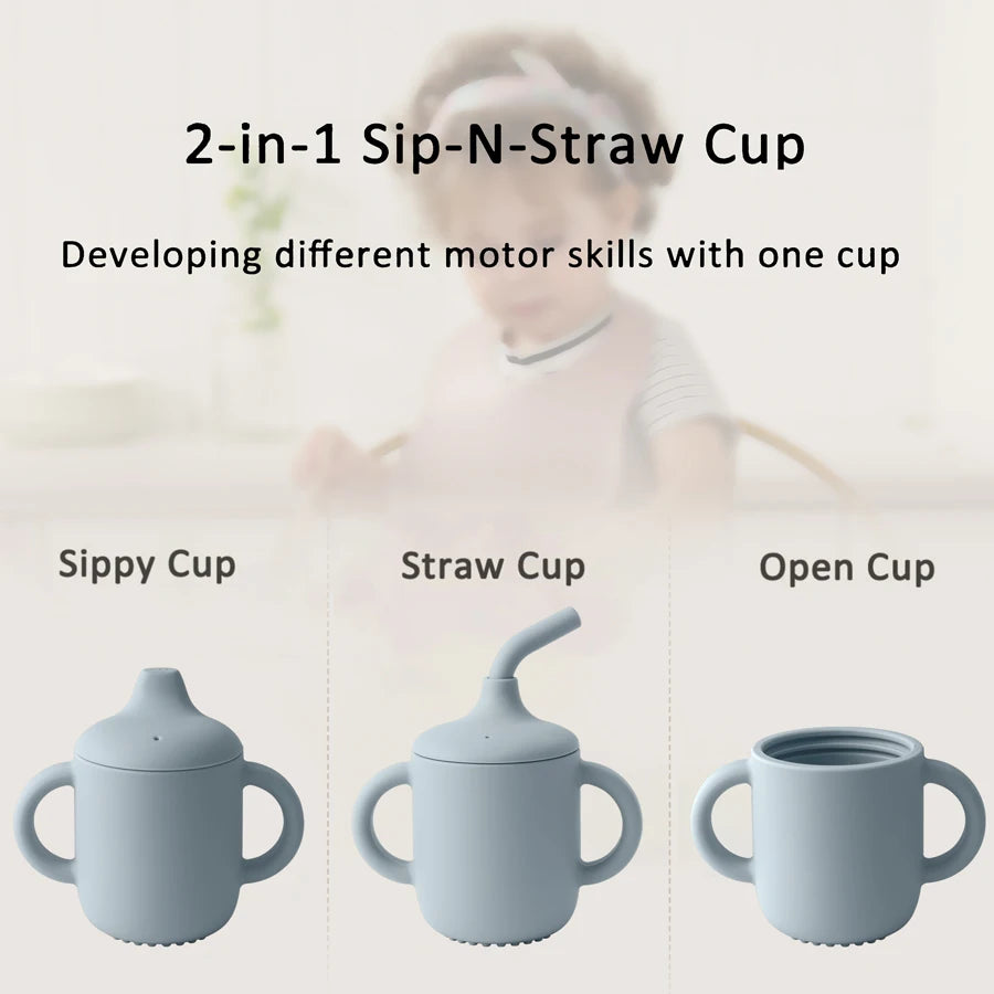 Silicone Baby Straw Cup with Two Lids – BPA-Free 150ml Feeding Cup | Toddler Snack & Drink Cup with Handles