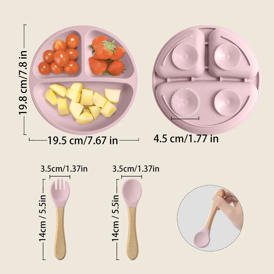 3PCS Silicone Baby Feeding Set; Suction Plate + Wooden Handle Spoon & Fork | BPA-Free Training Tableware