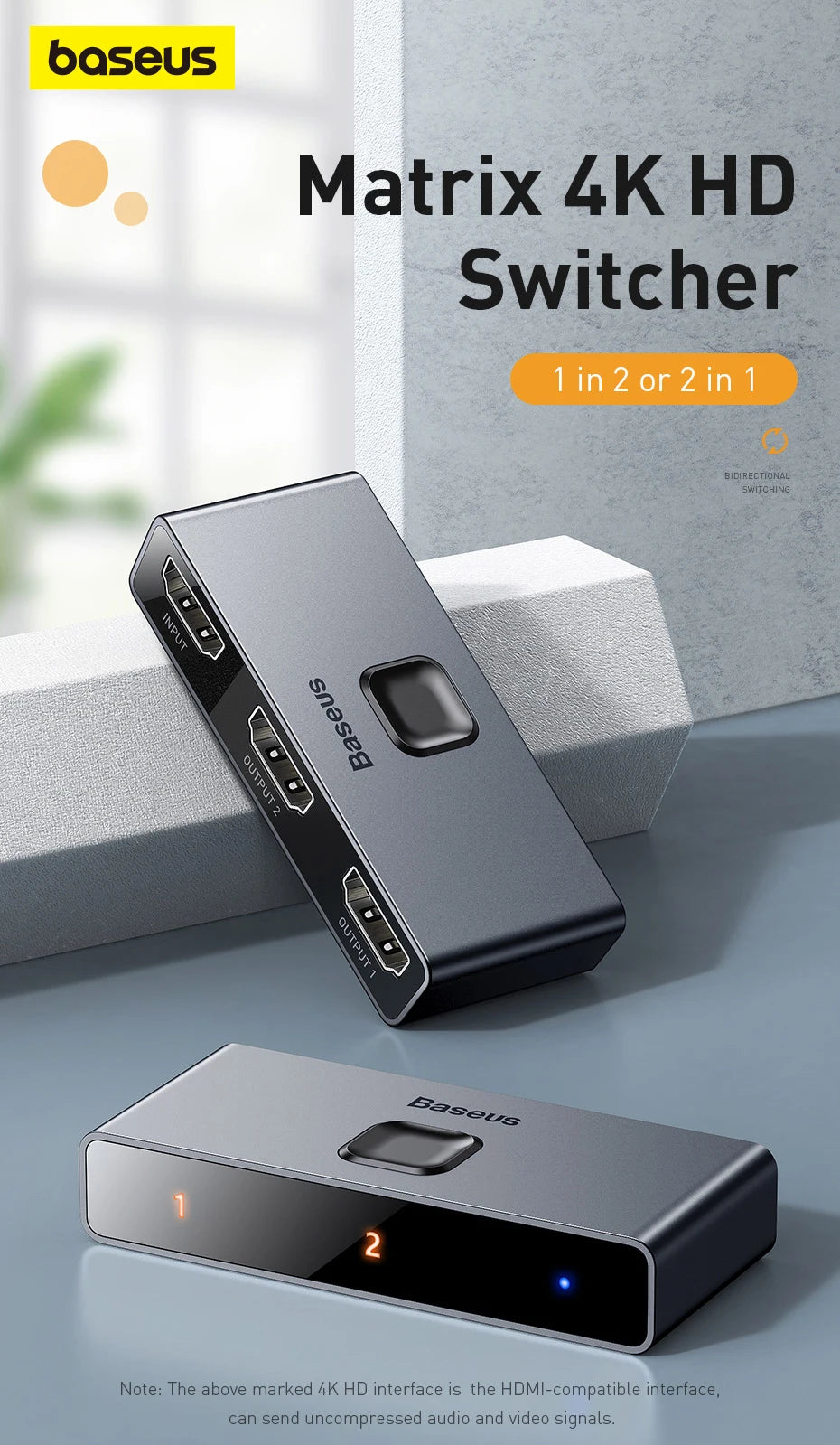 Baseus 4K HDMI-Compatible Switcher: Bi-Directional 2x1/1x2 Adapter for PS4, TV Box, Projector, Monitor – HDR & Audio Sync