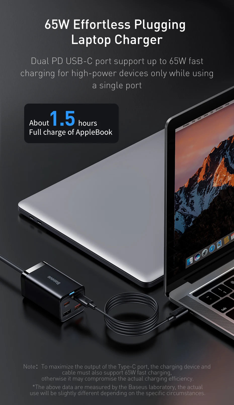 Baseus 65W GaN Fast Desktop Charger: 4-in-1 Multi-Port Adapter for Laptop & Phone – Dual USB-A + Dual USB-C | For iPhone, Xiaomi, Samsung