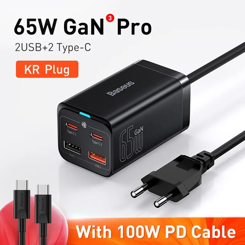 Baseus 65W GaN Fast Desktop Charger: 4-in-1 Multi-Port Adapter for Laptop & Phone – Dual USB-A + Dual USB-C | For iPhone, Xiaomi, Samsung