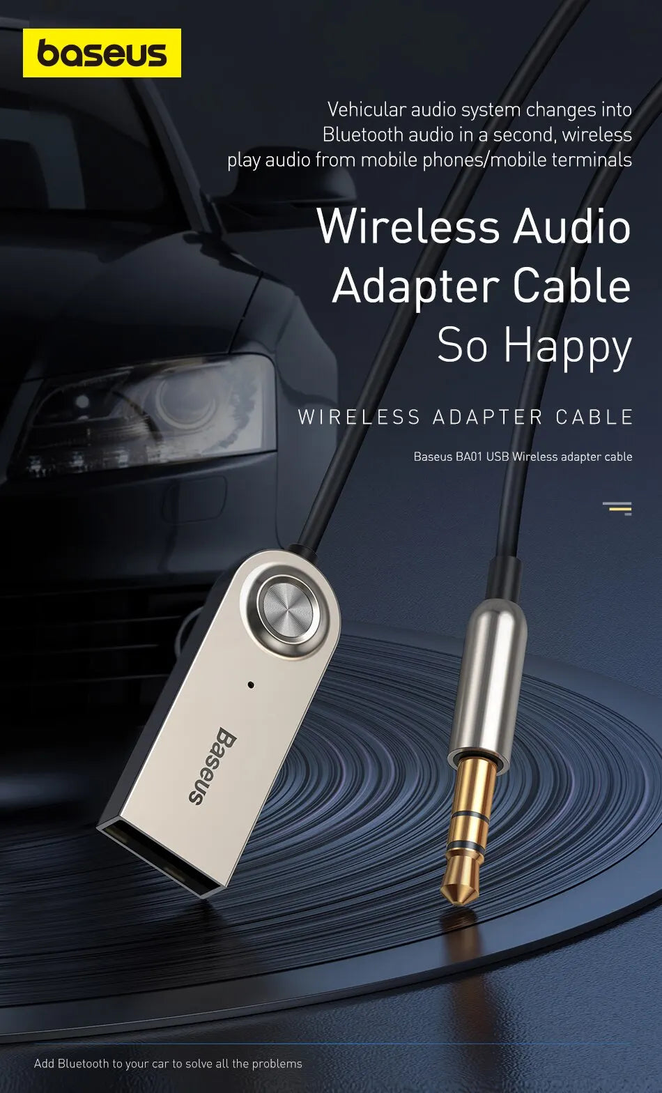 Baseus BA01 Bluetooth 5.0 AUX USB Adapter: Wireless Audio Dongle for Car, Speakers & 3.5mm Devices