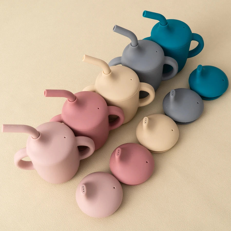 Silicone Baby Straw Cup with Two Lids – BPA-Free 150ml Feeding Cup | Toddler Snack & Drink Cup with Handles