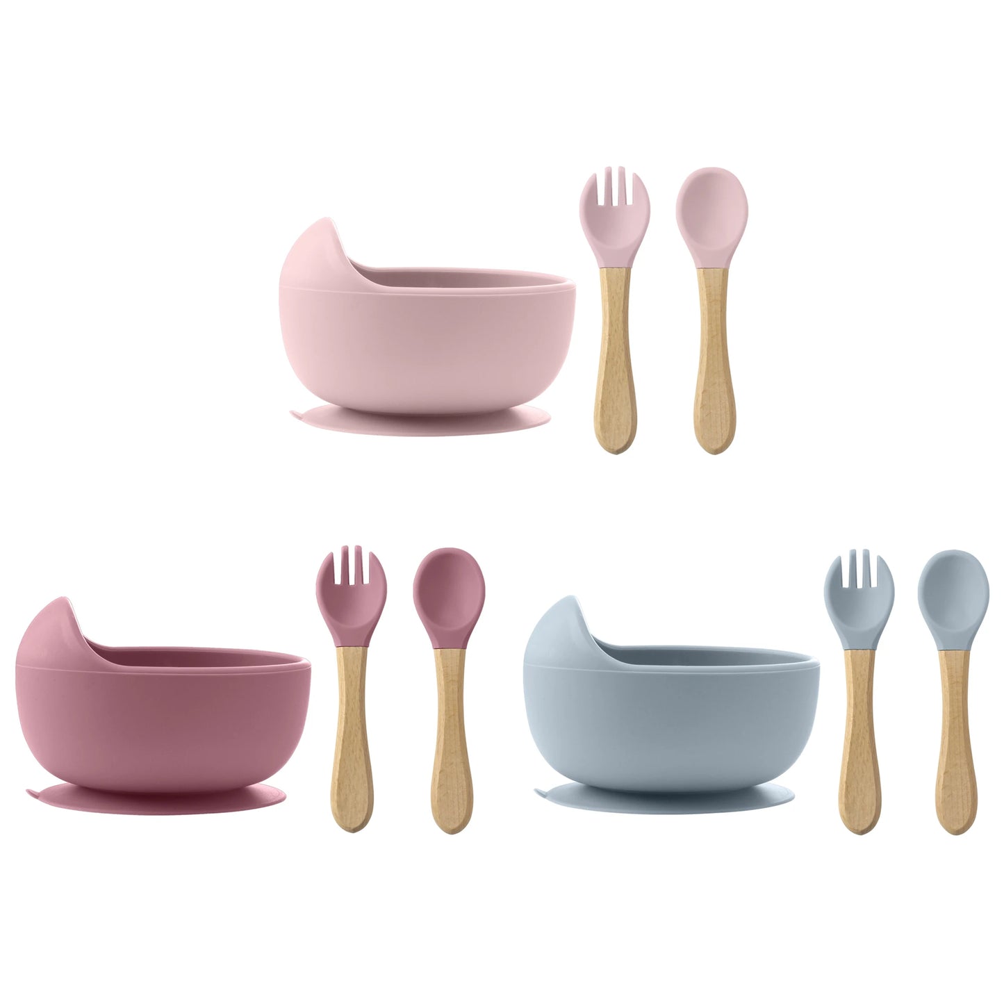 3Pcs Silicone Baby Feeding Bowl Set – Suction Bowl with Wood Handle Spoon & Fork | BPA-Free Baby Tableware