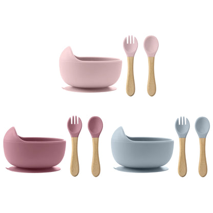 3Pcs Silicone Baby Feeding Bowl Set – Suction Bowl with Wood Handle Spoon & Fork | BPA-Free Baby Tableware