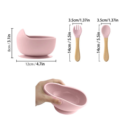 3Pcs Silicone Baby Feeding Bowl Set – Suction Bowl with Wood Handle Spoon & Fork | BPA-Free Baby Tableware