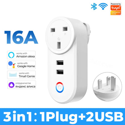 16A Tuya Wifi Smart Socket With 2 USB Charging Outlet Adapter EU US UK Brazil Plug Smart Life Control via Alexa Google Home