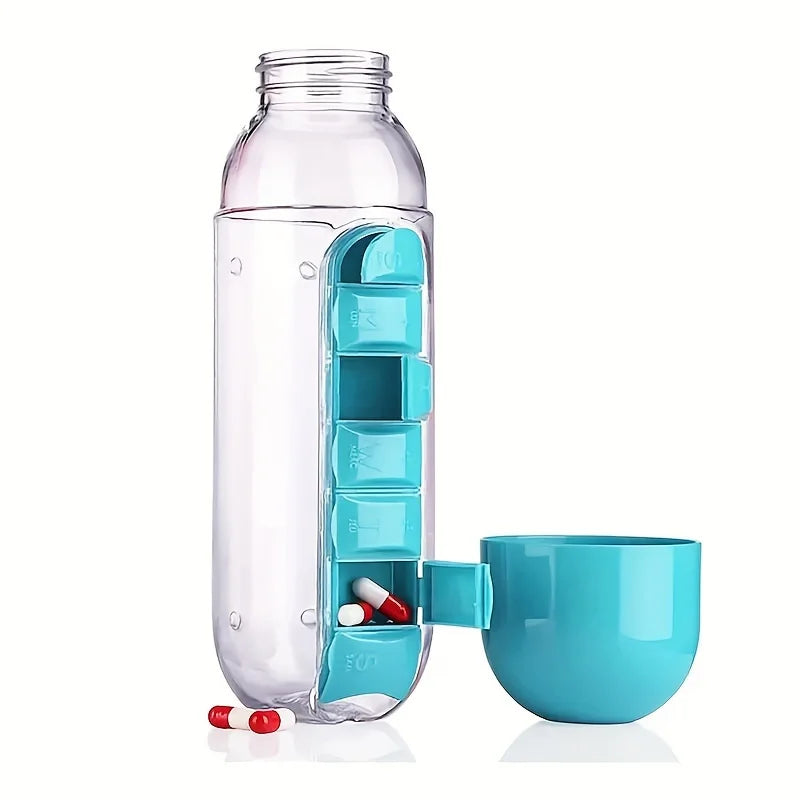 Portable Water Bottle With Built-in Pill Box for Medicines, Vitamins, Perfect for Outdoor, Gym, Fitness, Camping and Traveling