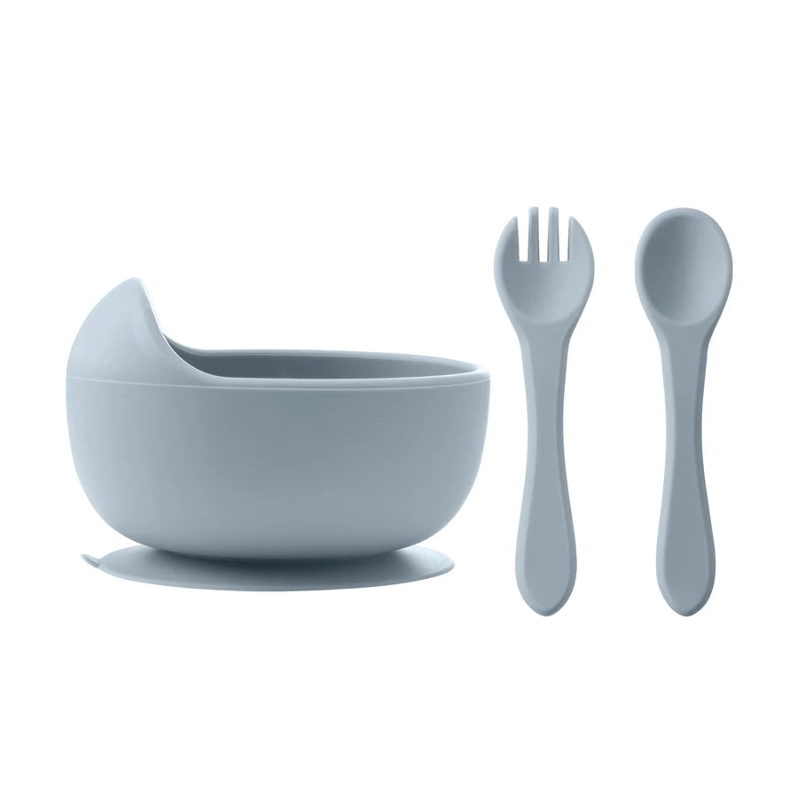 3Pcs Silicone Baby Feeding Bowl Set – Suction Bowl with Wood Handle Spoon & Fork | BPA-Free Baby Tableware