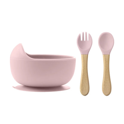 3Pcs Silicone Baby Feeding Bowl Set – Suction Bowl with Wood Handle Spoon & Fork | BPA-Free Baby Tableware
