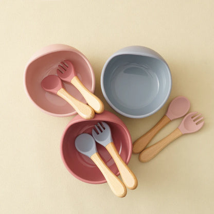 3Pcs Silicone Baby Feeding Bowl Set – Suction Bowl with Wood Handle Spoon & Fork | BPA-Free Baby Tableware