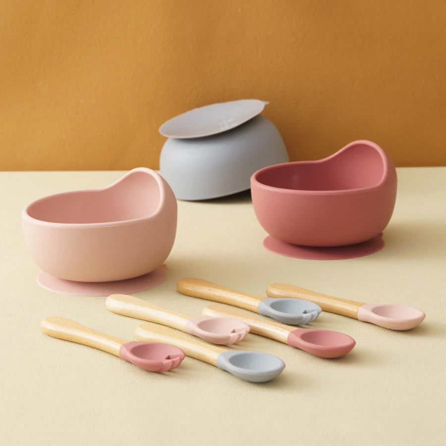 3Pcs Silicone Baby Feeding Bowl Set – Suction Bowl with Wood Handle Spoon & Fork | BPA-Free Baby Tableware