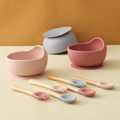 3Pcs Silicone Baby Feeding Bowl Set – Suction Bowl with Wood Handle Spoon & Fork | BPA-Free Baby Tableware