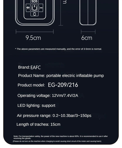 EAFC 150PSI Wireless Portable Air Compressor: 12V Rechargeable Tyre Inflator for Car, Motorcycle, Bike & Ball with LED Light & Auto Stop