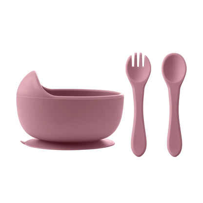 3Pcs Silicone Baby Feeding Bowl Set – Suction Bowl with Wood Handle Spoon & Fork | BPA-Free Baby Tableware