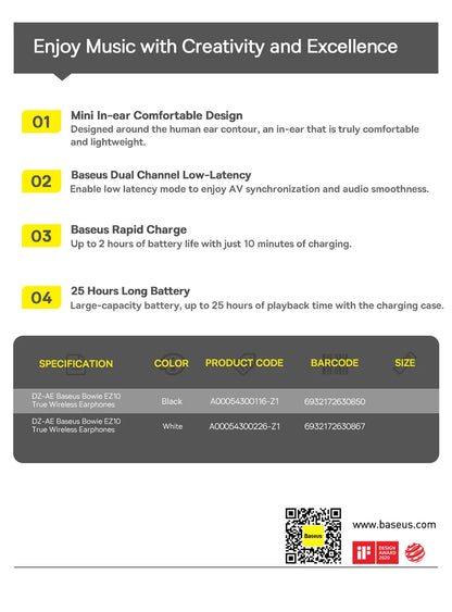 Baseus Bowie EZ10 True Wireless Earbuds: Bluetooth 5.3 25-30H Battery Mini In-Ear Fast Charging Low Latency