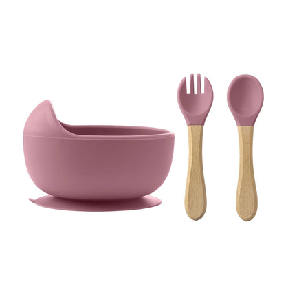3Pcs Silicone Baby Feeding Bowl Set – Suction Bowl with Wood Handle Spoon & Fork | BPA-Free Baby Tableware