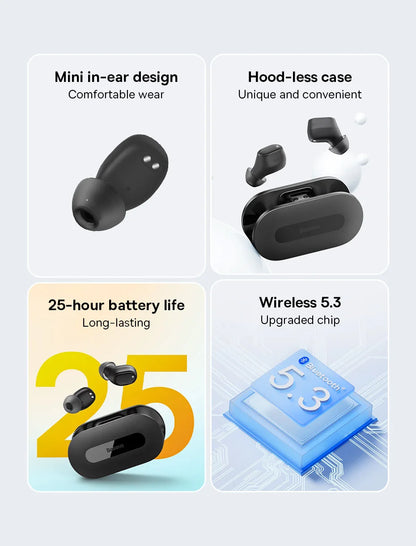 Baseus Bowie EZ10 True Wireless Earbuds: Bluetooth 5.3 25-30H Battery Mini In-Ear Fast Charging Low Latency