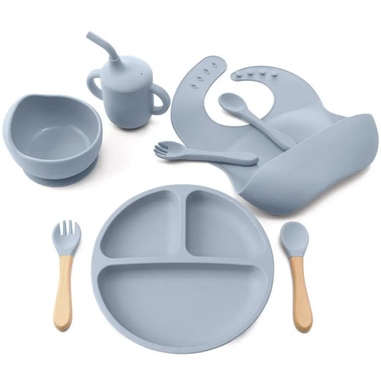 8PCS BPA-Free Silicone Baby Feeding Set: Suction Bowl, Divided Plate, Cup with Straw, Bib, Spoon & Forks