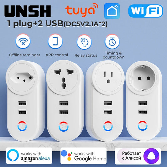16A Tuya Wifi Smart Socket With 2 USB Charging Outlet Adapter EU US UK Brazil Plug Smart Life Control via Alexa Google Home
