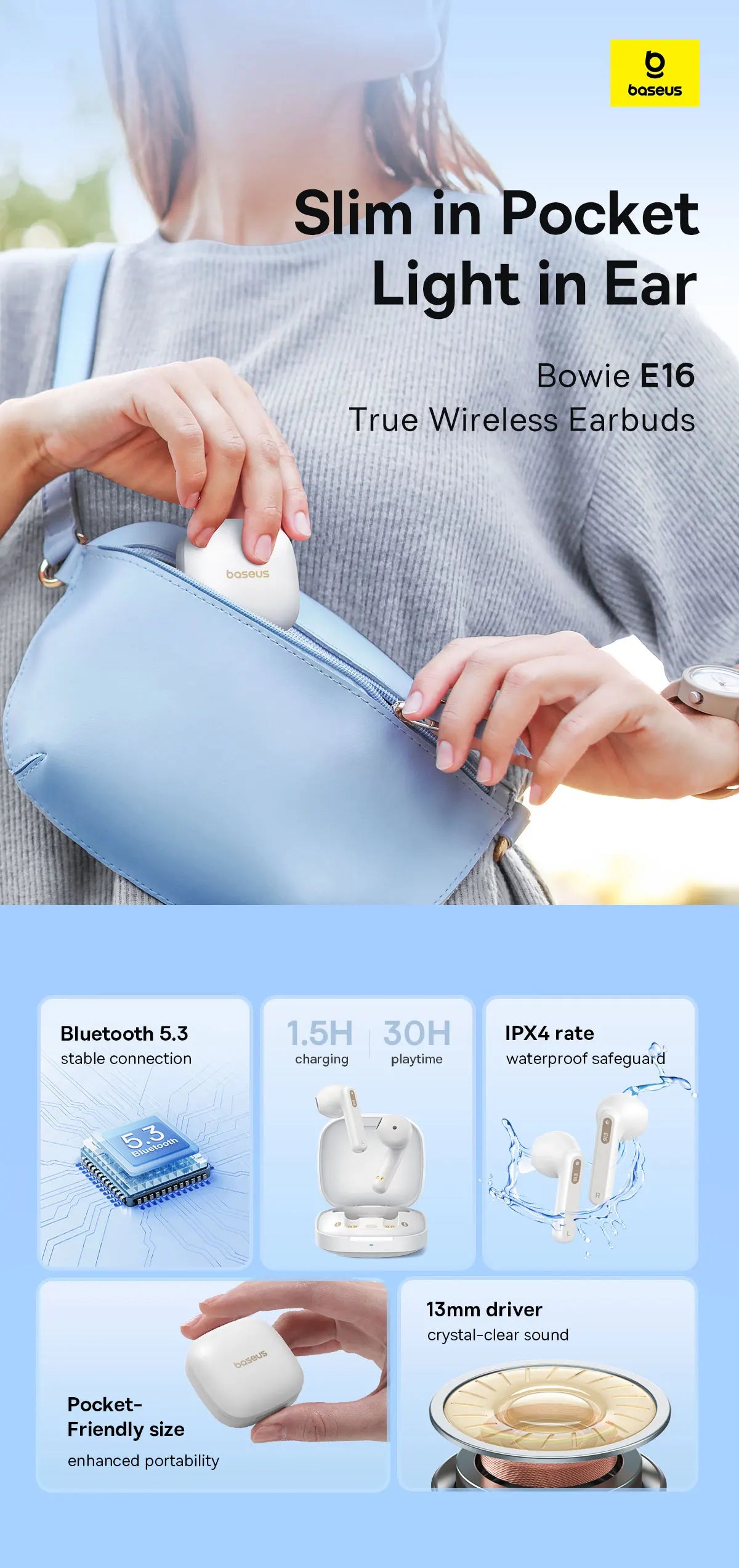 Baseus Bowie E16 Wireless Earbuds  Bluetooth: 30H Battery  IPX4 Waterproof Type-C Charging Case