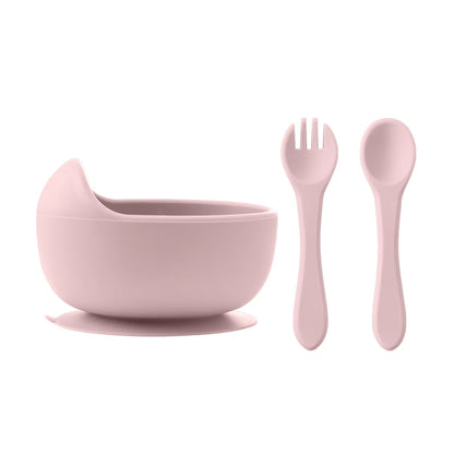 3Pcs Silicone Baby Feeding Bowl Set – Suction Bowl with Wood Handle Spoon & Fork | BPA-Free Baby Tableware