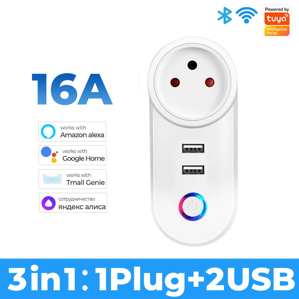 16A Tuya Wifi Smart Socket With 2 USB Charging Outlet Adapter EU US UK Brazil Plug Smart Life Control via Alexa Google Home