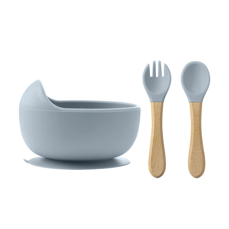 3Pcs Silicone Baby Feeding Bowl Set – Suction Bowl with Wood Handle Spoon & Fork | BPA-Free Baby Tableware
